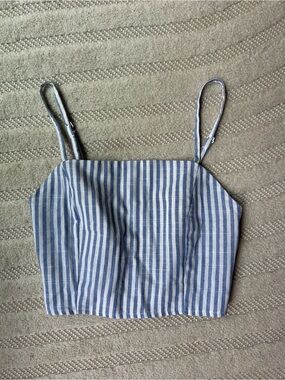 Striped Blue Linen-Blend Crop Top